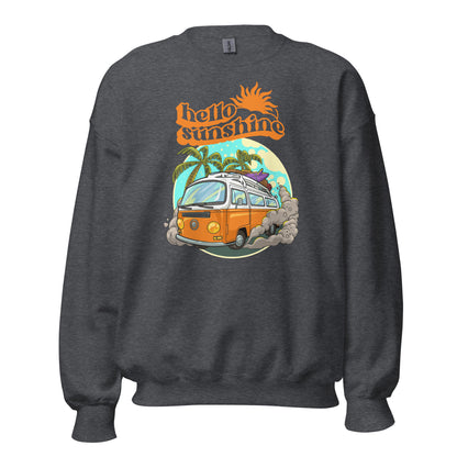 Hello Sunshine, Beach Van - Unisex Sweatshirt Dark Heather Unisex Sweatshirt Globally Fulfilled Printed Worldwide Retro Summer Surf