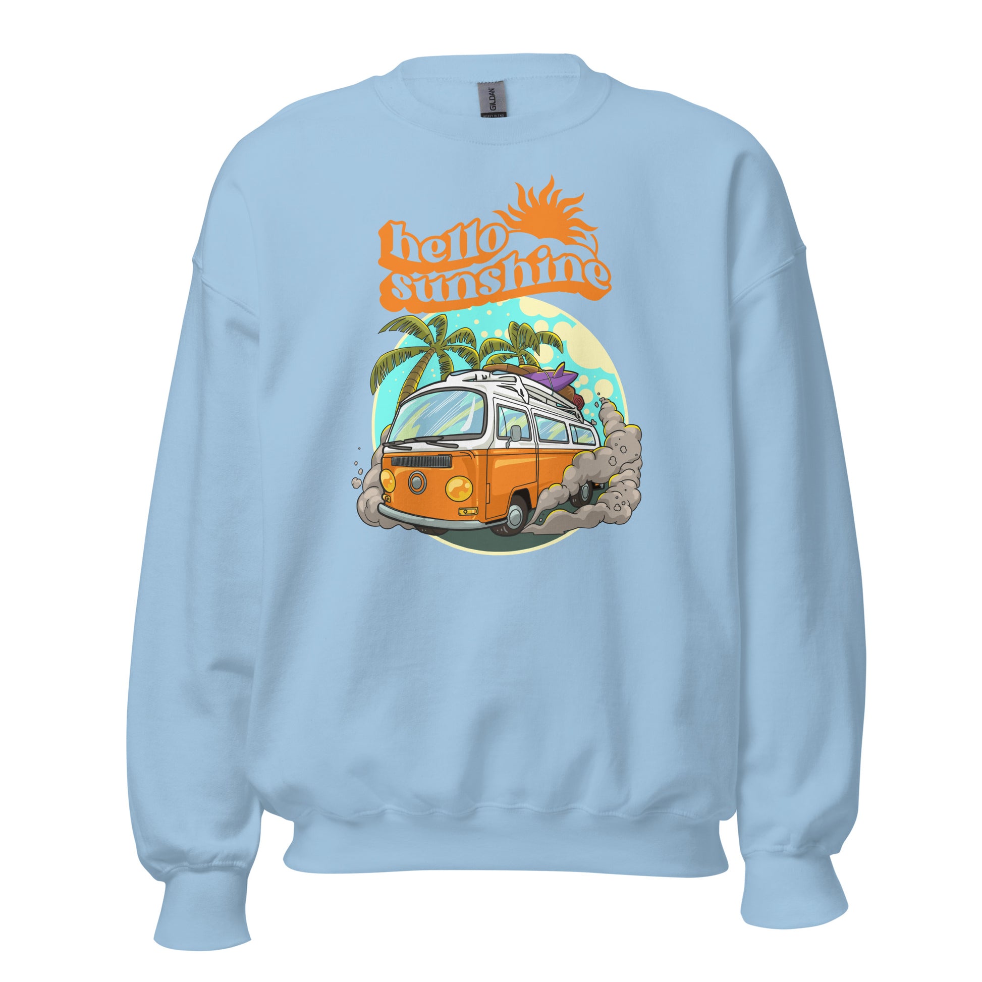 Hello Sunshine, Beach Van - Unisex Sweatshirt Light Blue Unisex Sweatshirt Globally Fulfilled Printed Worldwide Retro Summer Surf