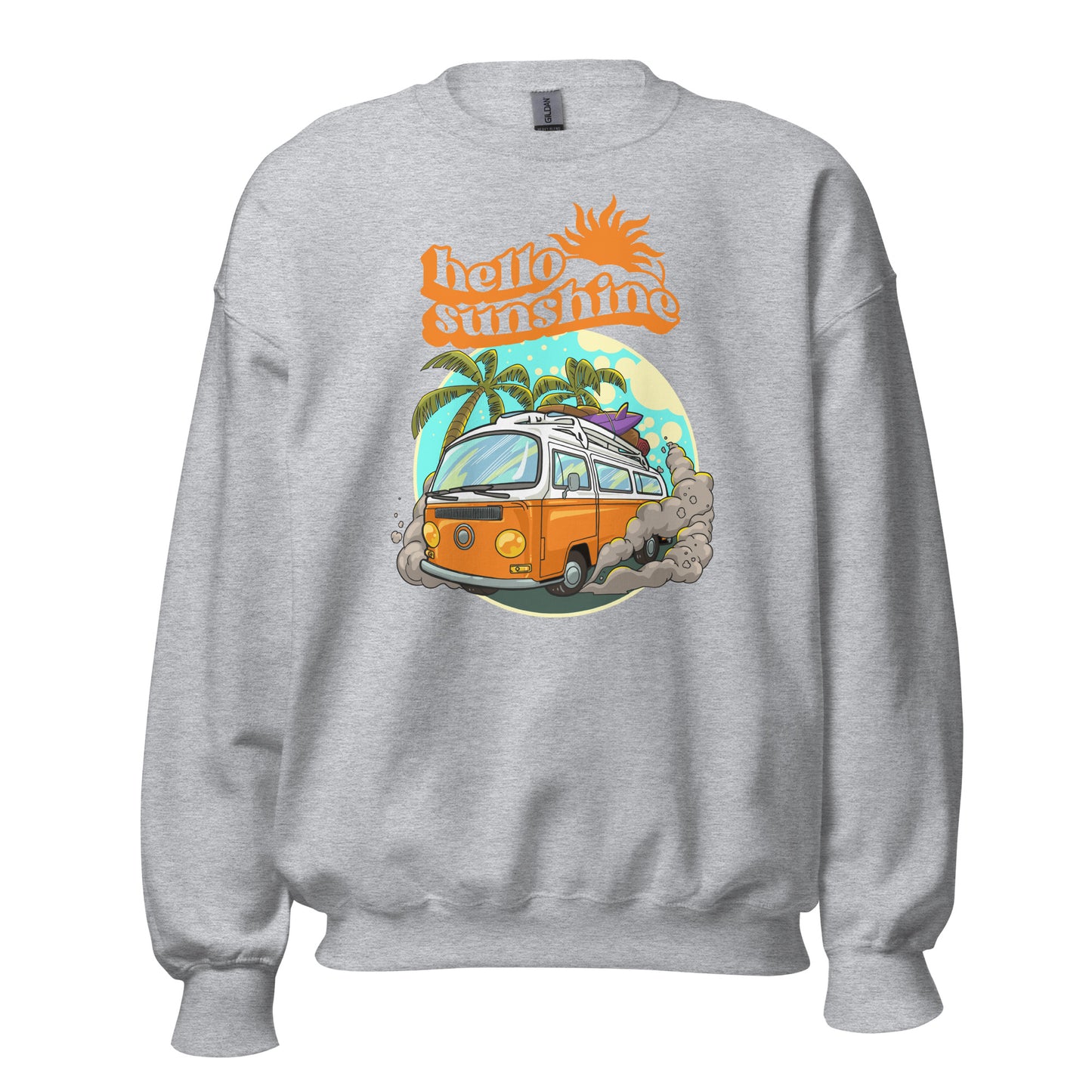 Hello Sunshine, Beach Van - Unisex Sweatshirt Sport Grey Unisex Sweatshirt Globally Fulfilled Printed Worldwide Retro Summer Surf