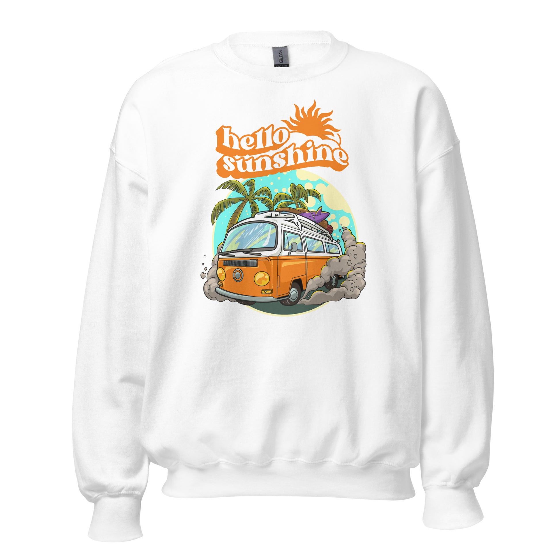 Hello Sunshine, Beach Van - Unisex Sweatshirt White Unisex Sweatshirt Globally Fulfilled Printed Worldwide Retro Summer Surf