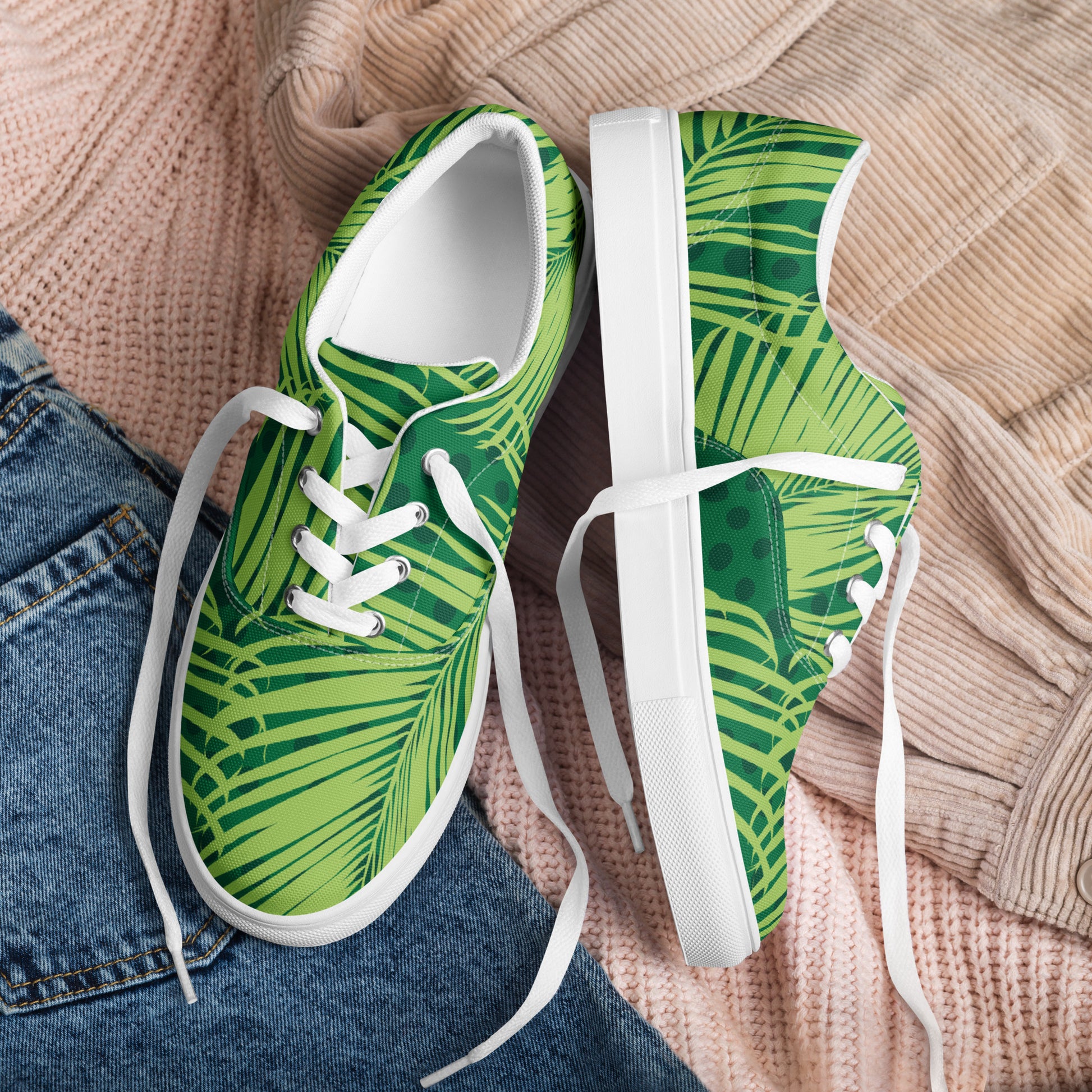 Palm Leaves - Women’s lace-up canvas shoes Womens Lace Up Canvas Shoes Plants Printed Offshore