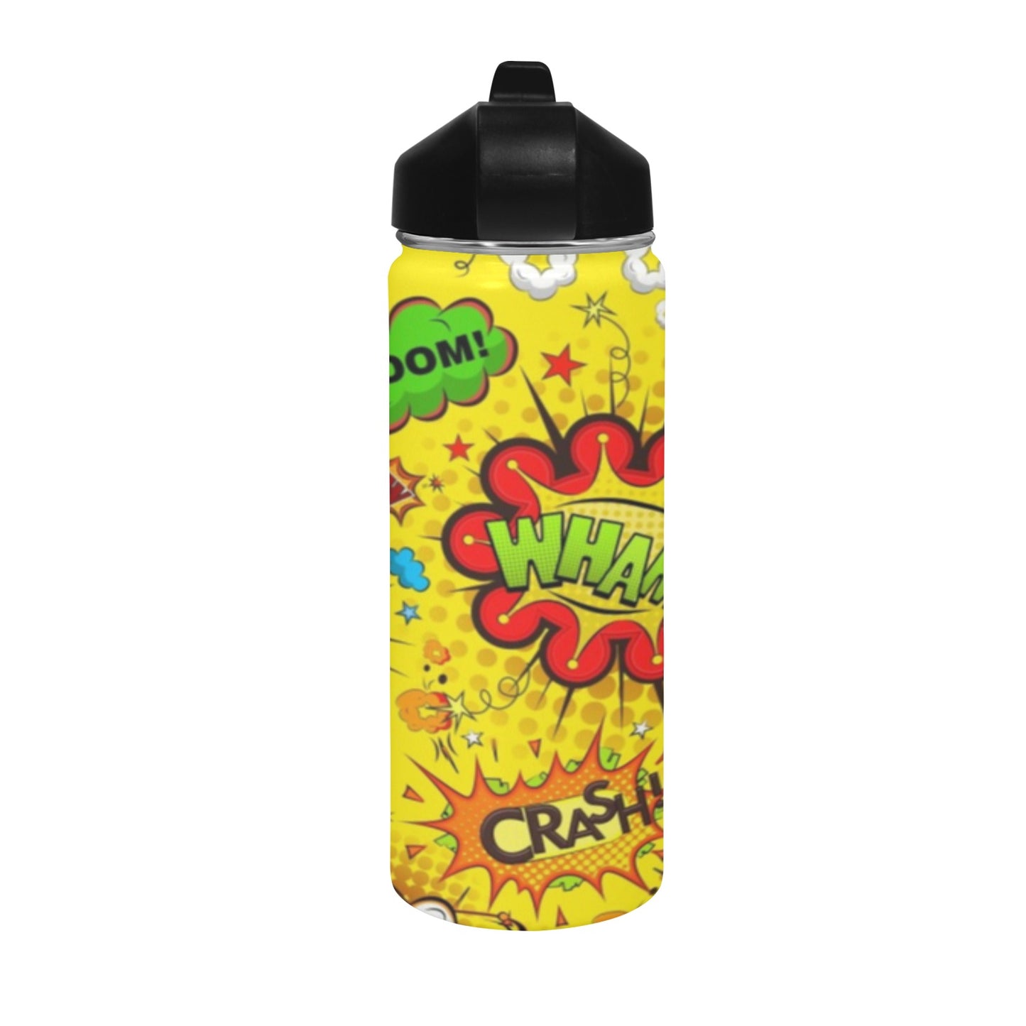 Comic Book Yellow Insulated Water Bottle with Straw Lid (18 oz) Insulated Water Bottle with Straw Lid