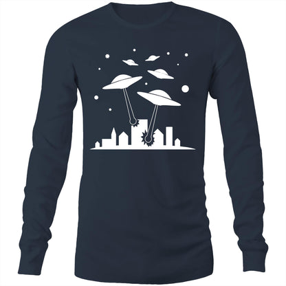 Space Invasion - Long Sleeve T-Shirt Navy Unisex Long Sleeve T-shirt Mens Retro Sci Fi Space Womens