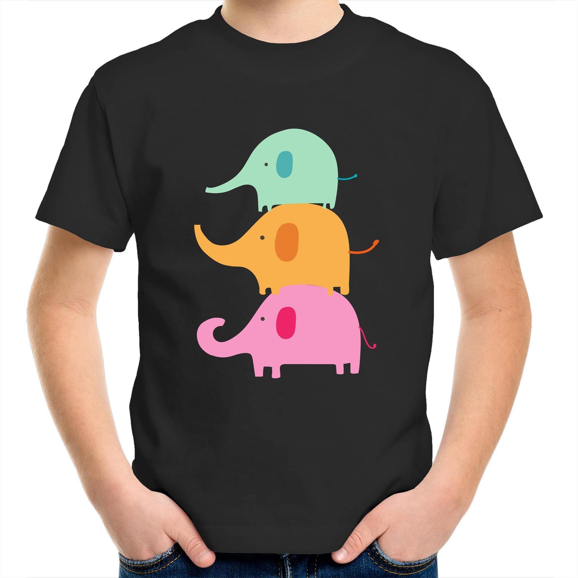 Three Cute Elephants - Kids Youth Crew T-Shirt Black Kids Youth T-shirt animal