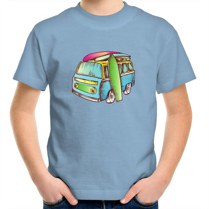 Surf Trip - Kids Youth Crew T-Shirt Carolina Blue Kids Youth T-shirt Retro Summer