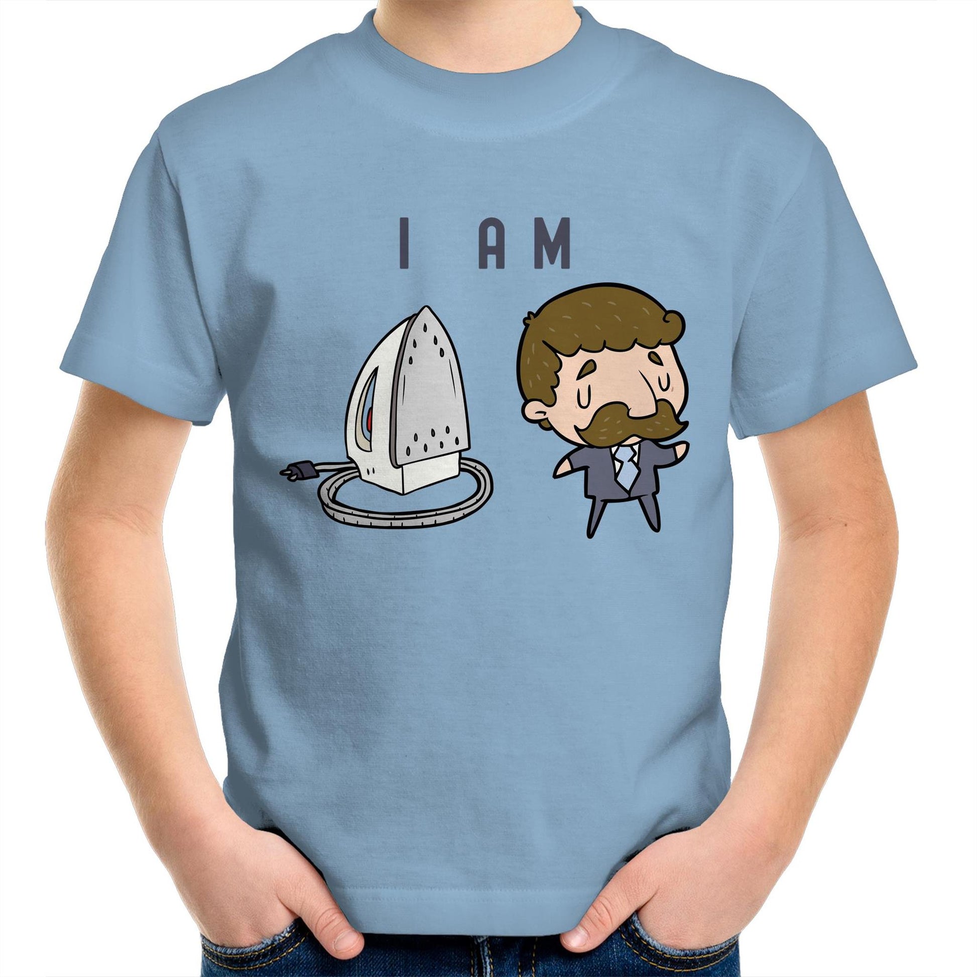 I Am Ironing Man Cartoon - Kids Youth Crew T-Shirt Carolina Blue Kids Youth T-shirt comic Funny