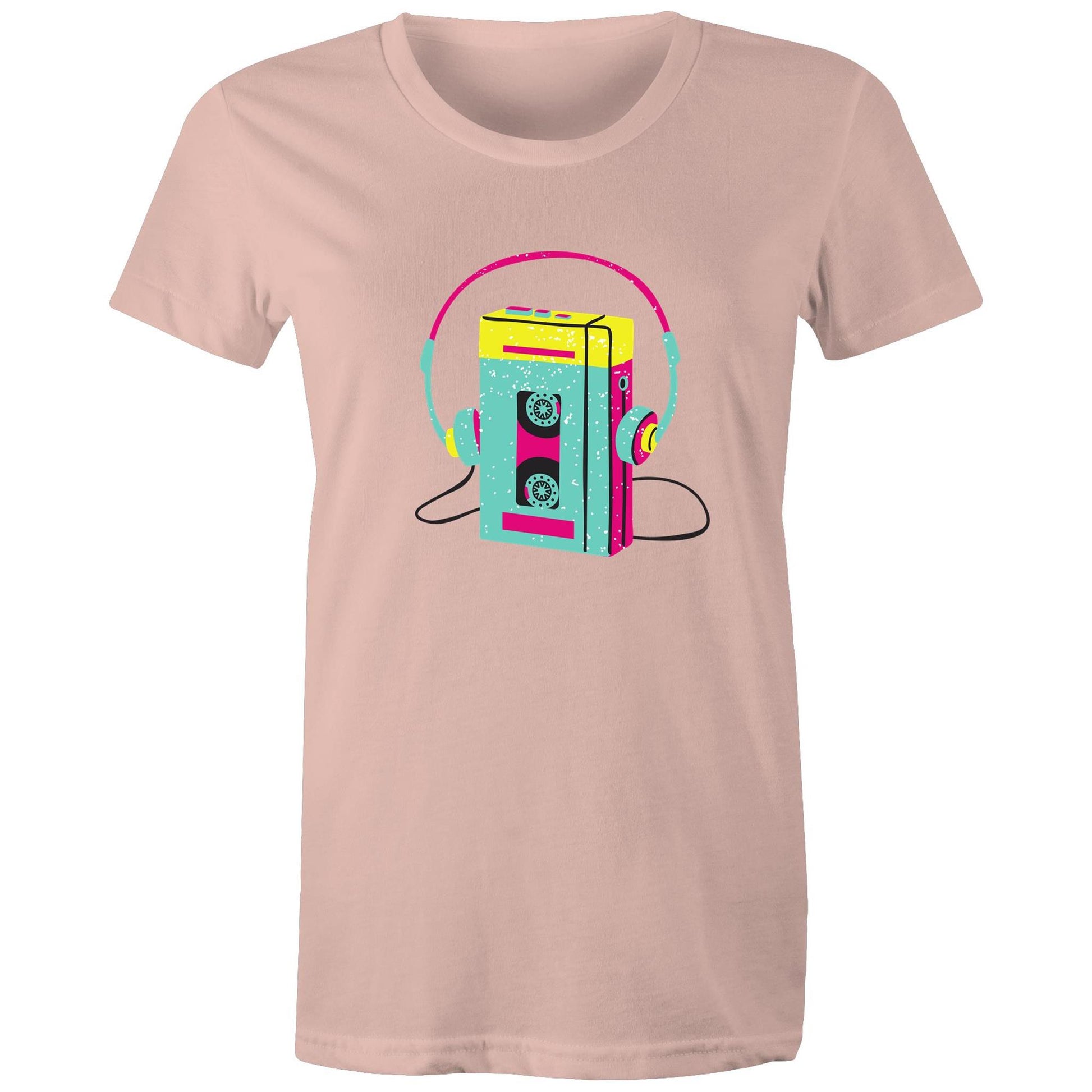 Wired For Sound, Music Player - Womens T-shirt Pale Pink Womens T-shirt Music Retro Womens
