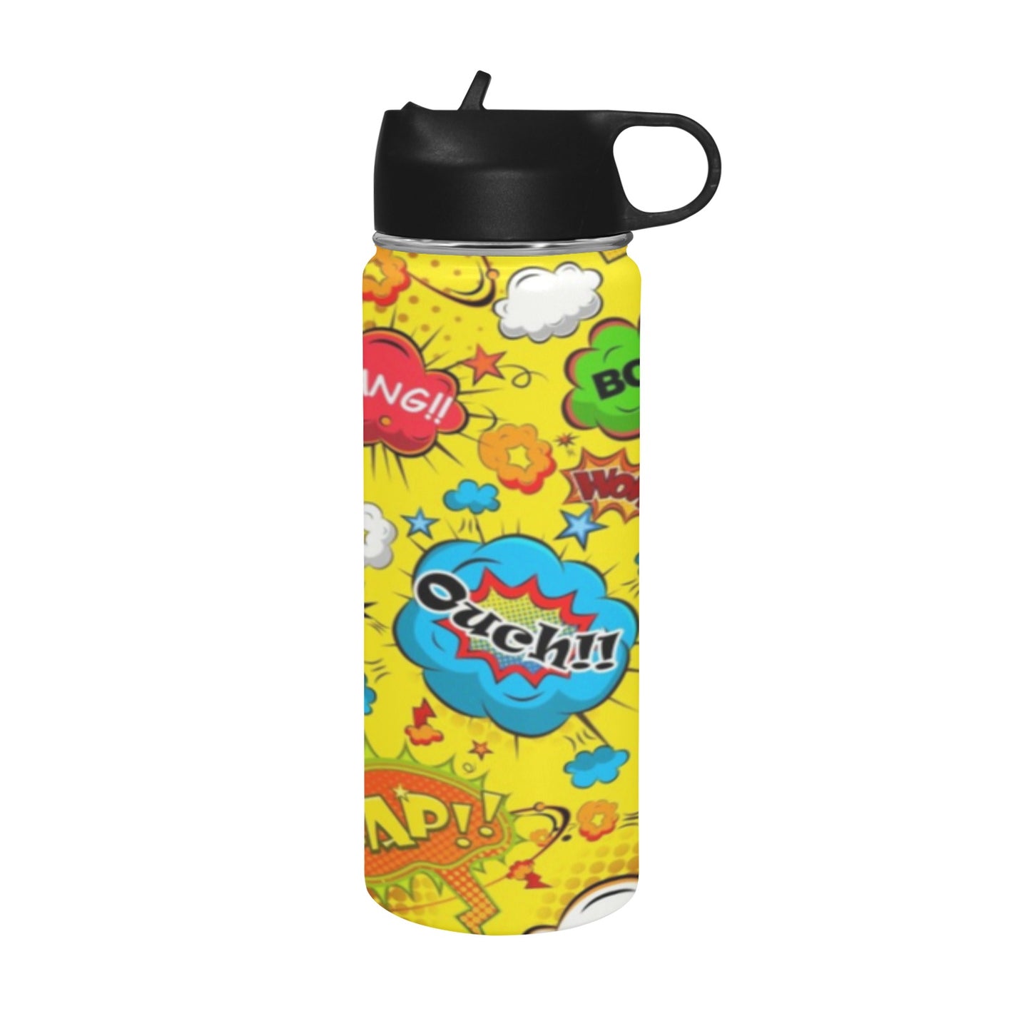 Comic Book Yellow Insulated Water Bottle with Straw Lid (18 oz) Insulated Water Bottle with Straw Lid