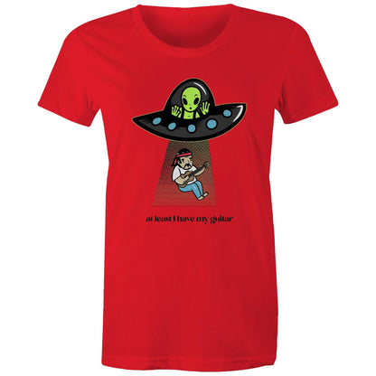 Guitarist Alien Abduction - Womens T-shirt Red Womens T-shirt Music Sci Fi