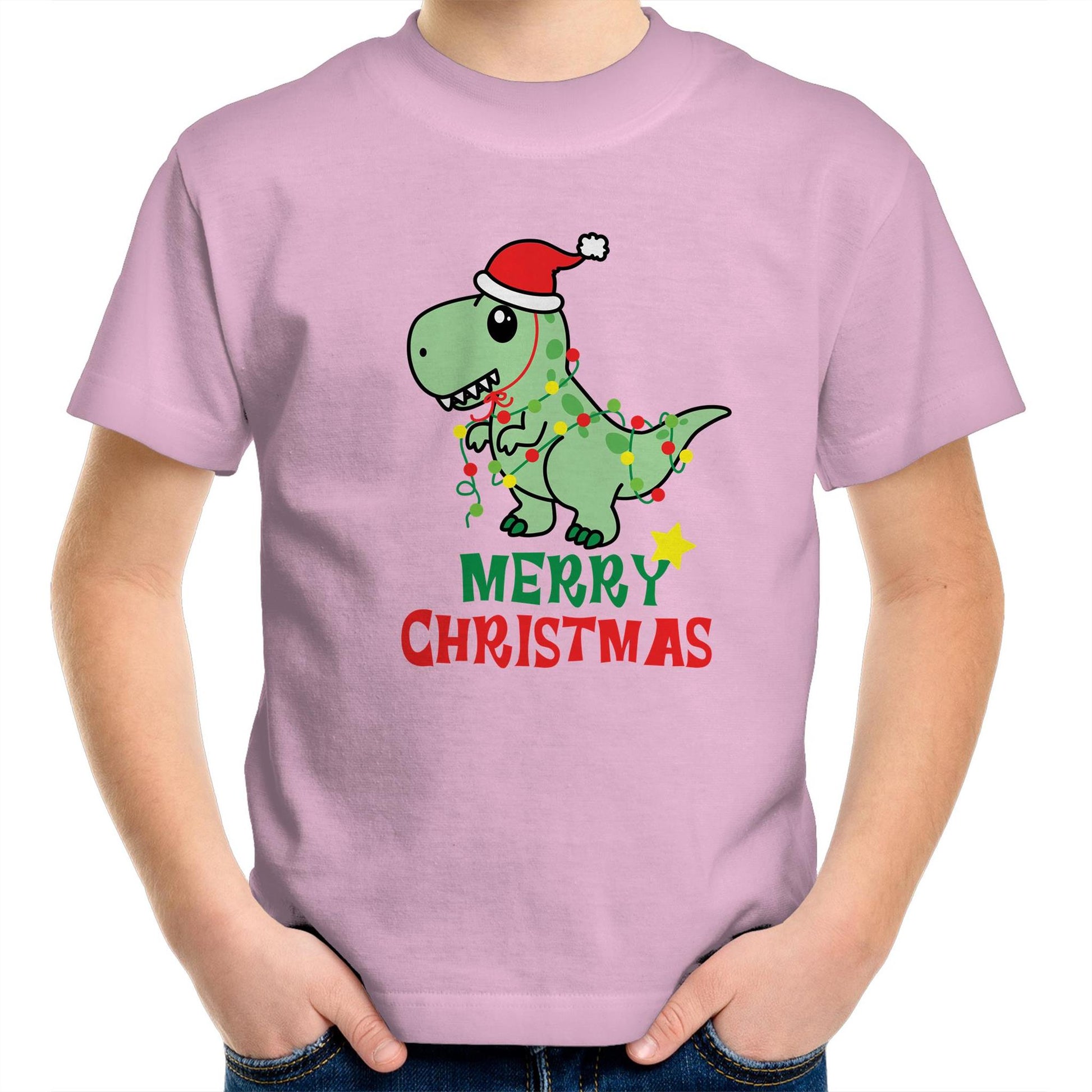 Christmas Dinosaur - Kids Youth Crew T-Shirt Pink Christmas Kids T-shirt Merry Christmas