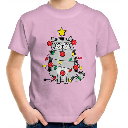 Christmas Cat - Kids Youth Crew T-Shirt Pink Christmas Kids T-shirt Merry Christmas
