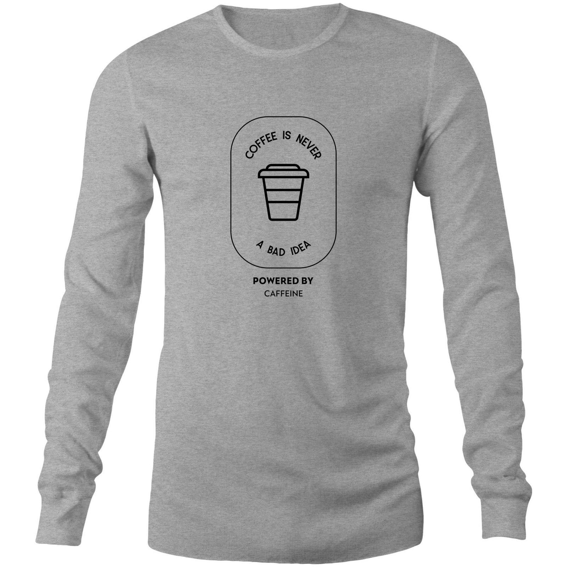 Powered By Caffeine - Long Sleeve T-Shirt Grey Marle Unisex Long Sleeve T-shirt Coffee Mens Womens