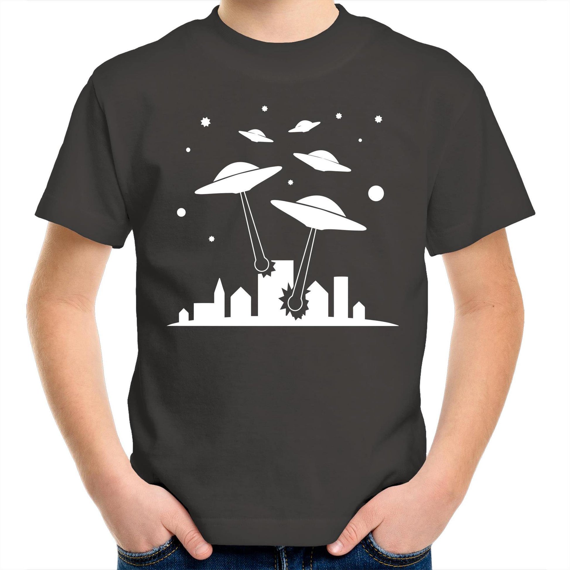 Space Invasion - Kids Youth Crew T-Shirt Charcoal Kids Youth T-shirt
