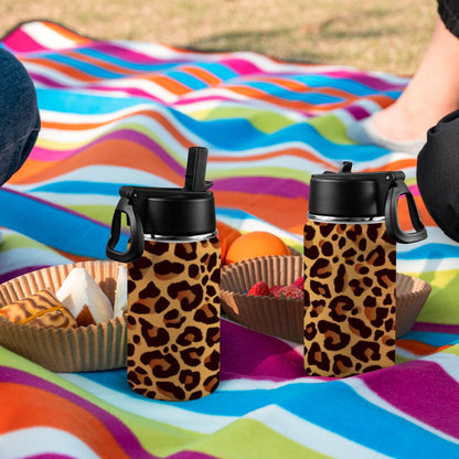 Leopard Print - Kids Water Bottle with Straw Lid (12 oz) Kids Water Bottle with Straw Lid