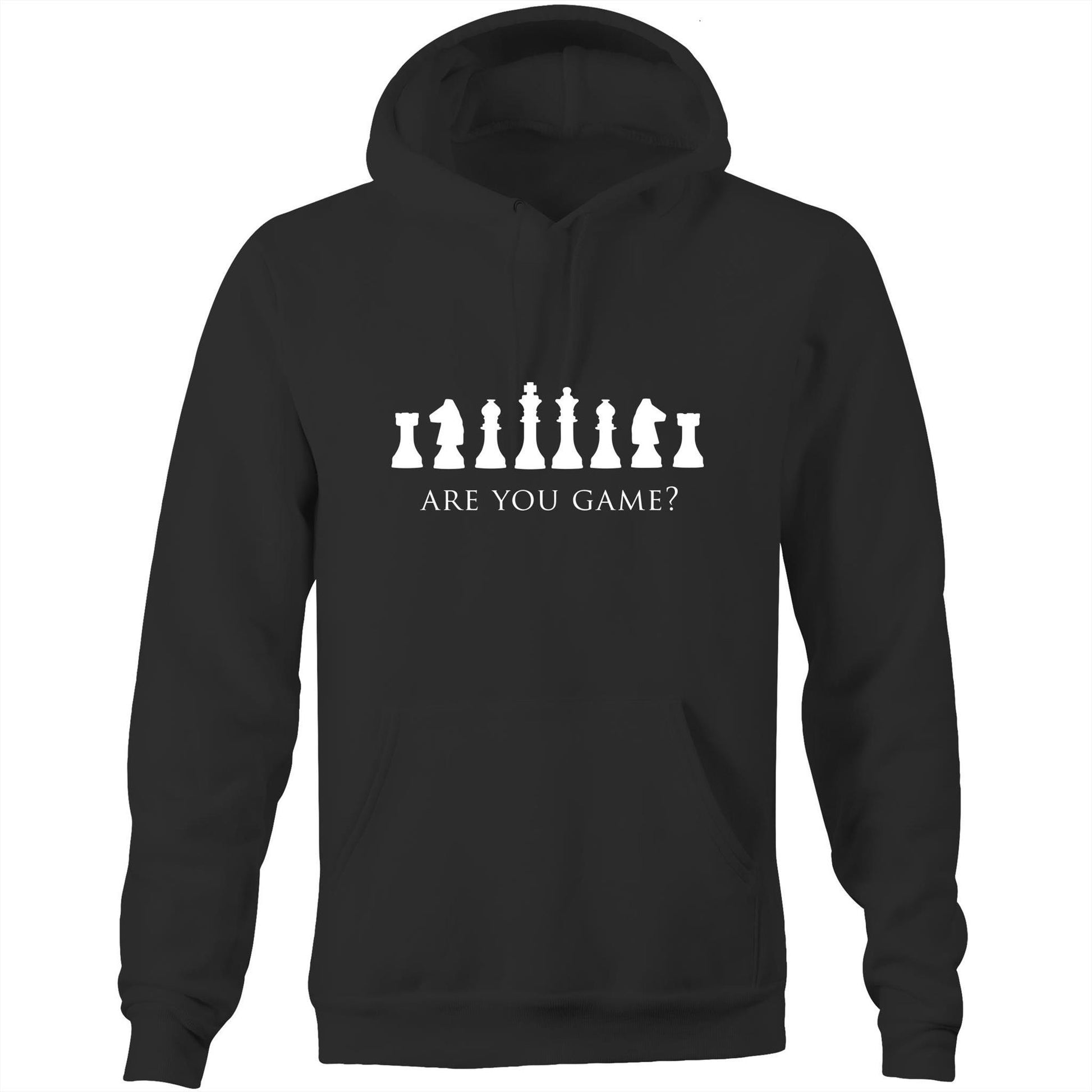 Are You Game - Pocket Hoodie Sweatshirt Black Heavyweight Hoodie Chess Funny Games Mens Womens
