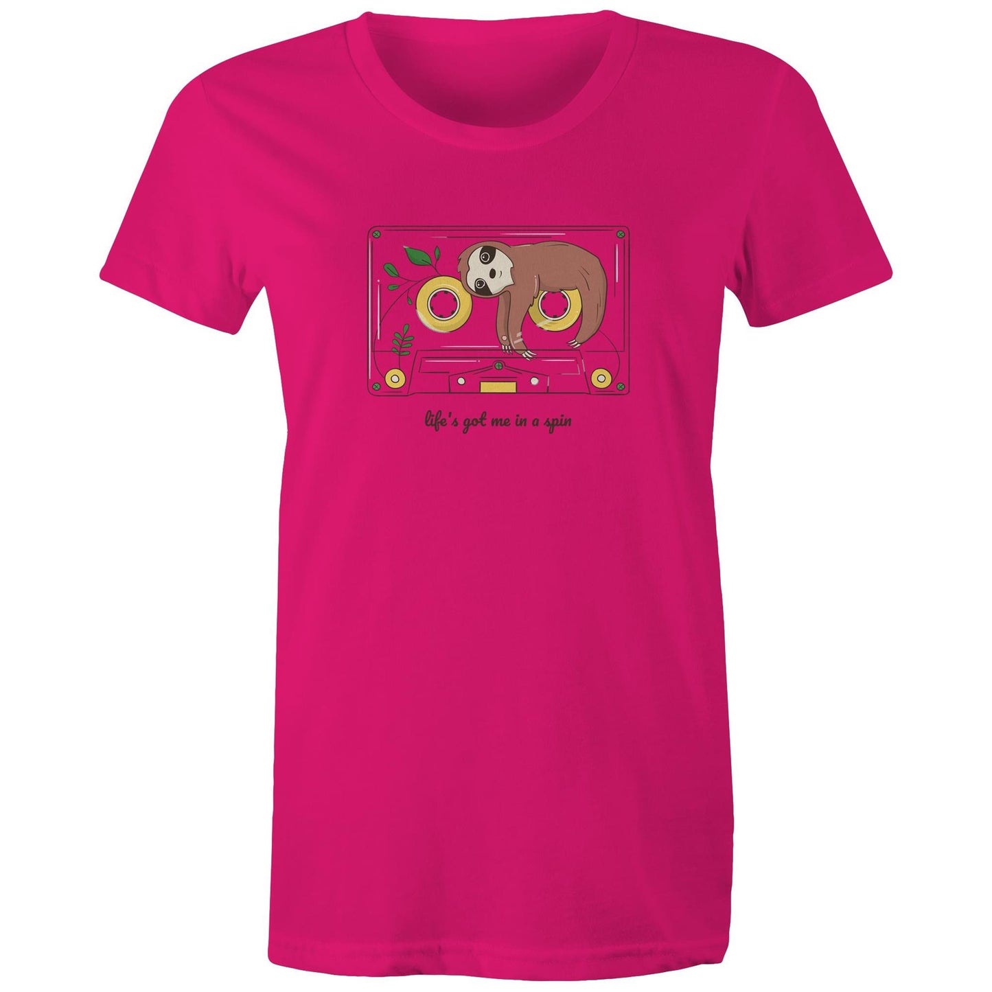 Cassette, Life's Got Me In A Spin - Womens T-shirt Fuchsia Womens T-shirt animal Music Retro