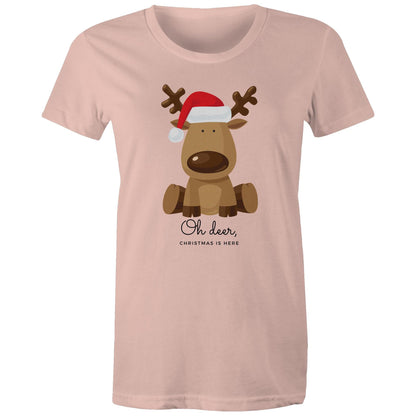 Oh Deer, Christmas Is Here - Womens T-shirt Pale Pink Christmas Womens T-shirt Merry Christmas