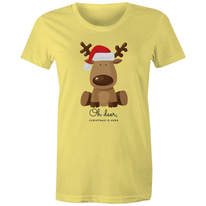 Oh Deer, Christmas Is Here - Womens T-shirt Yellow Christmas Womens T-shirt Merry Christmas