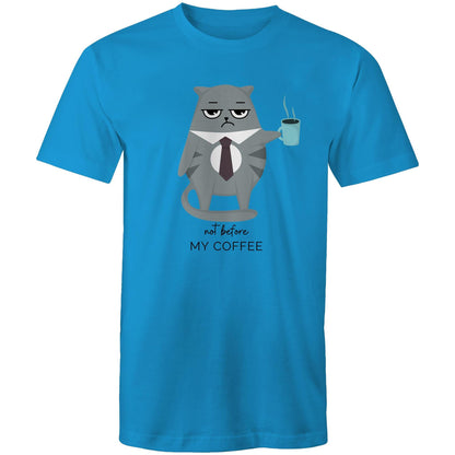 Not Before My Coffee, Cranky Cat - Mens T-Shirt Arctic Blue Mens T-shirt animal Coffee