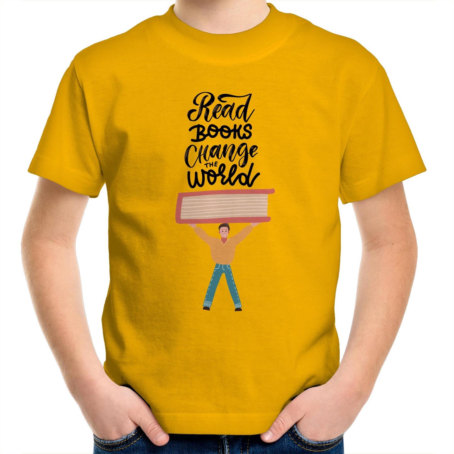 Read Books, Change The World - Kids Youth Crew T-Shirt Gold Kids Youth T-shirt Reading