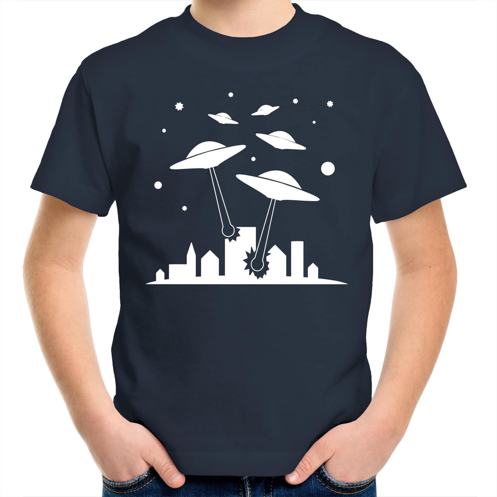 Space Invasion - Kids Youth Crew T-Shirt Navy Kids Youth T-shirt