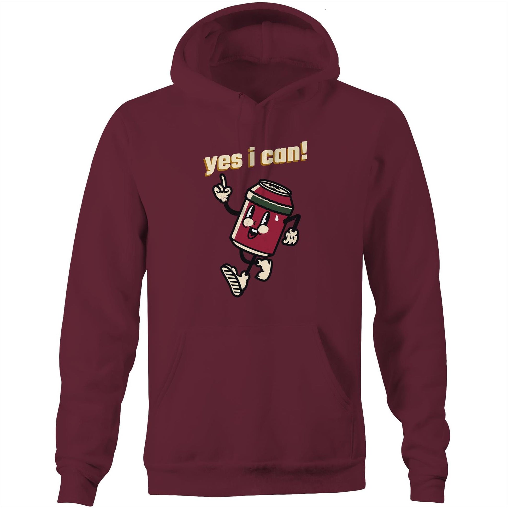 Yes I Can! - Pocket Hoodie Sweatshirt Burgundy Hoodie Motivation Retro