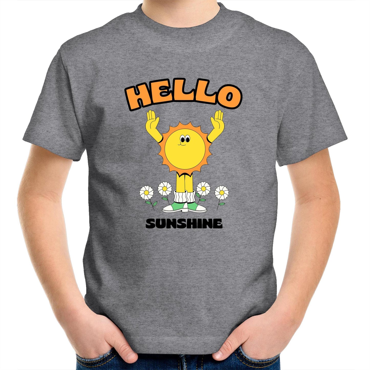 Hello Sunshine - Kids Youth Crew T-Shirt Grey Marle Kids Youth T-shirt Retro Summer