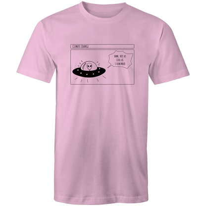 Alien Climate Change - Mens T-Shirt Pink Mens T-shirt comic Environment Funny Mens Sci Fi Space
