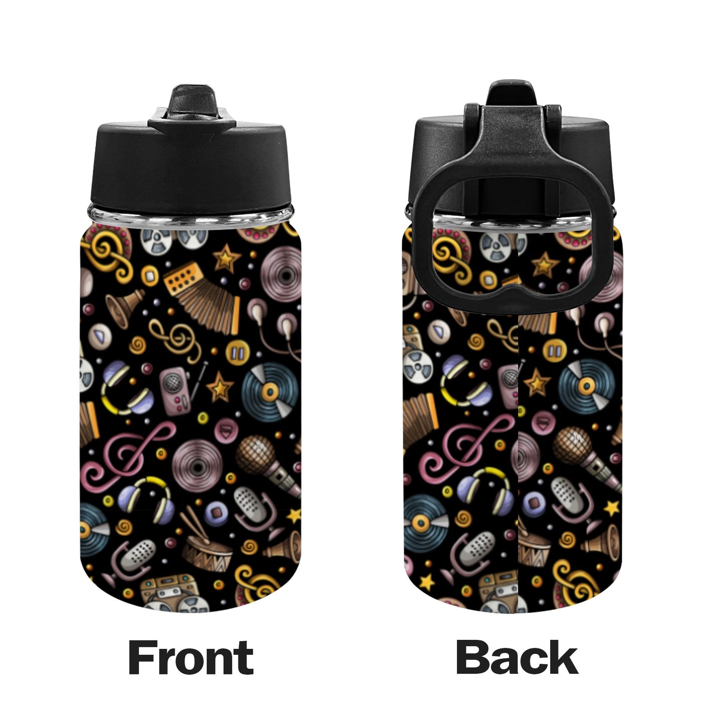 Retro Music Mix - Kids Water Bottle with Straw Lid (12 oz) Kids Water Bottle with Straw Lid Music