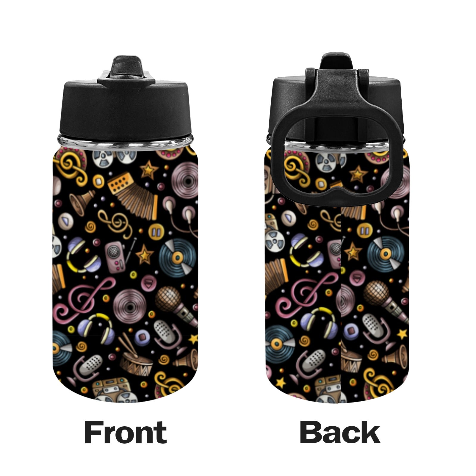 Retro Music Mix - Kids Water Bottle with Straw Lid (12 oz) Kids Water Bottle with Straw Lid Music Printed Offshore