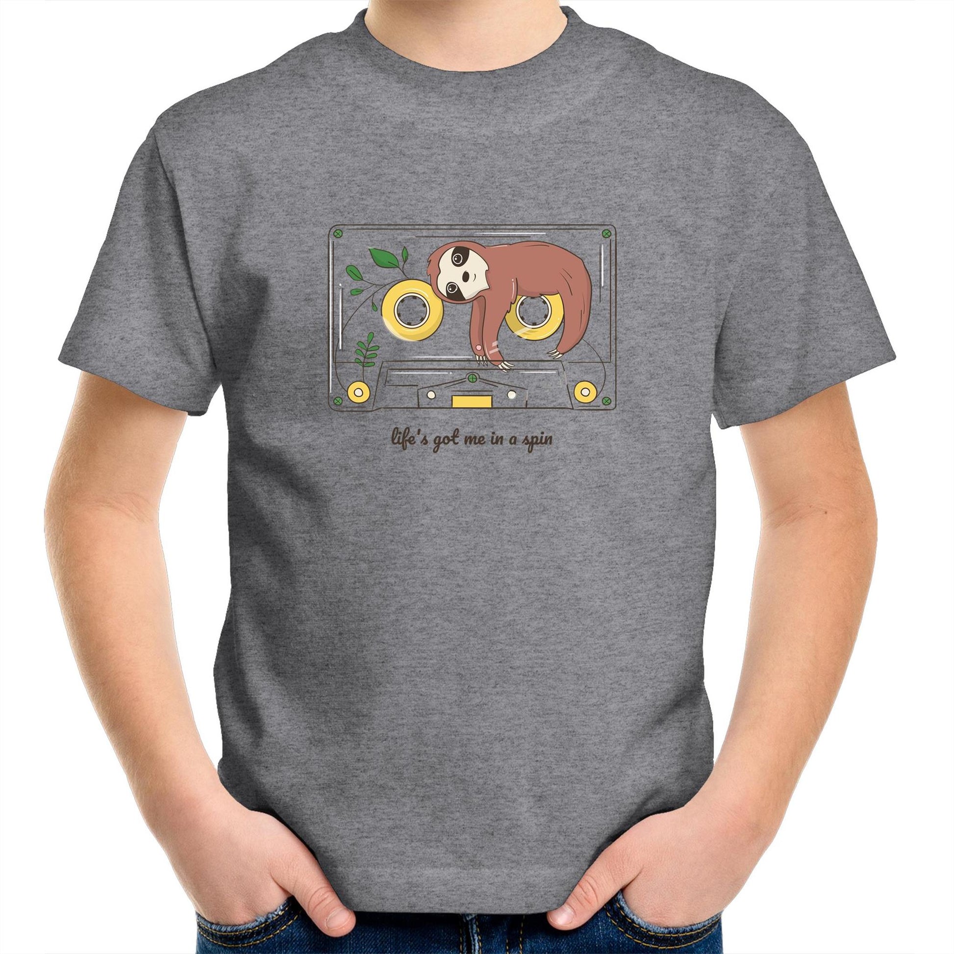 Cassette, Life's Got Me In A Spin - Kids Youth Crew T-Shirt Grey Marle Kids Youth T-shirt animal Music Retro