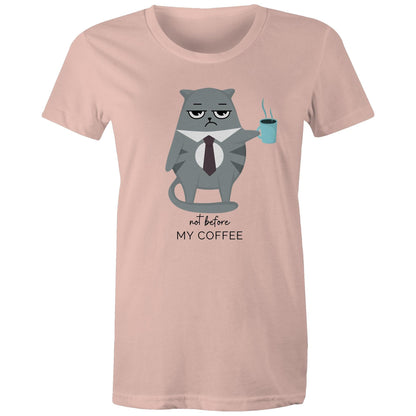 Not Before My Coffee, Cranky Cat - Womens T-shirt Pale Pink Womens T-shirt animal Coffee