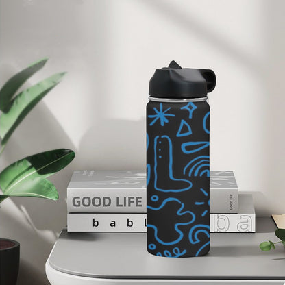 Blue Squiggle - Insulated Water Bottle with Straw Lid (18 oz) Insulated Water Bottle with Straw Lid Printed Offshore