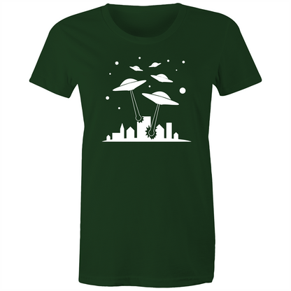 Space Invasion - Women's T-shirt Forest Green Womens T-shirt comic Retro Sci Fi Space Womens