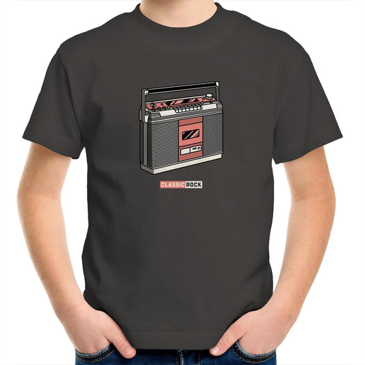 Classic Rock, Cassette Player Kids Youth Crew T-Shirt Charcoal Kids Youth T-shirt Music Retro