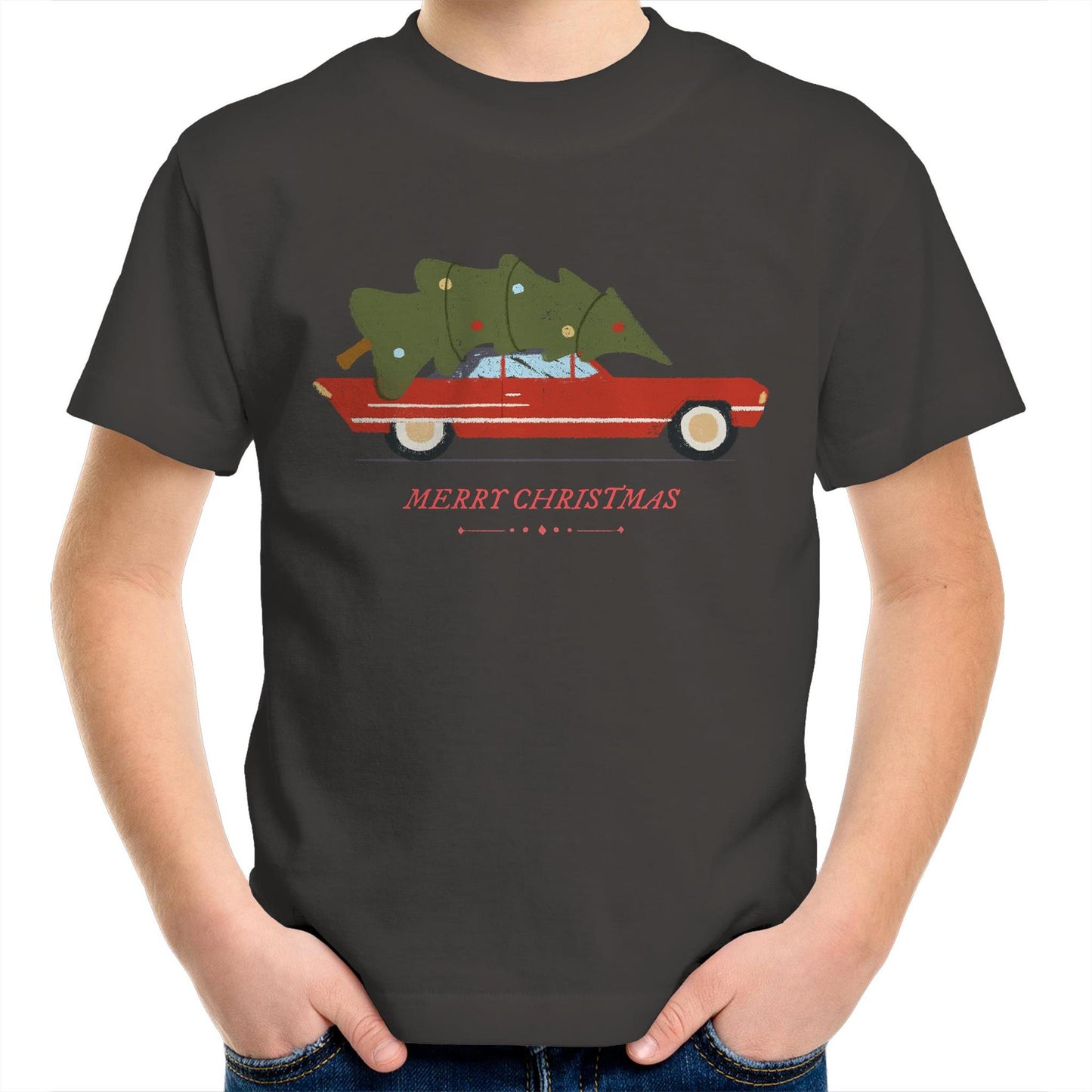 Christmas Tree Car - Kids Youth Crew T-Shirt Charcoal Christmas Kids T-shirt Merry Christmas