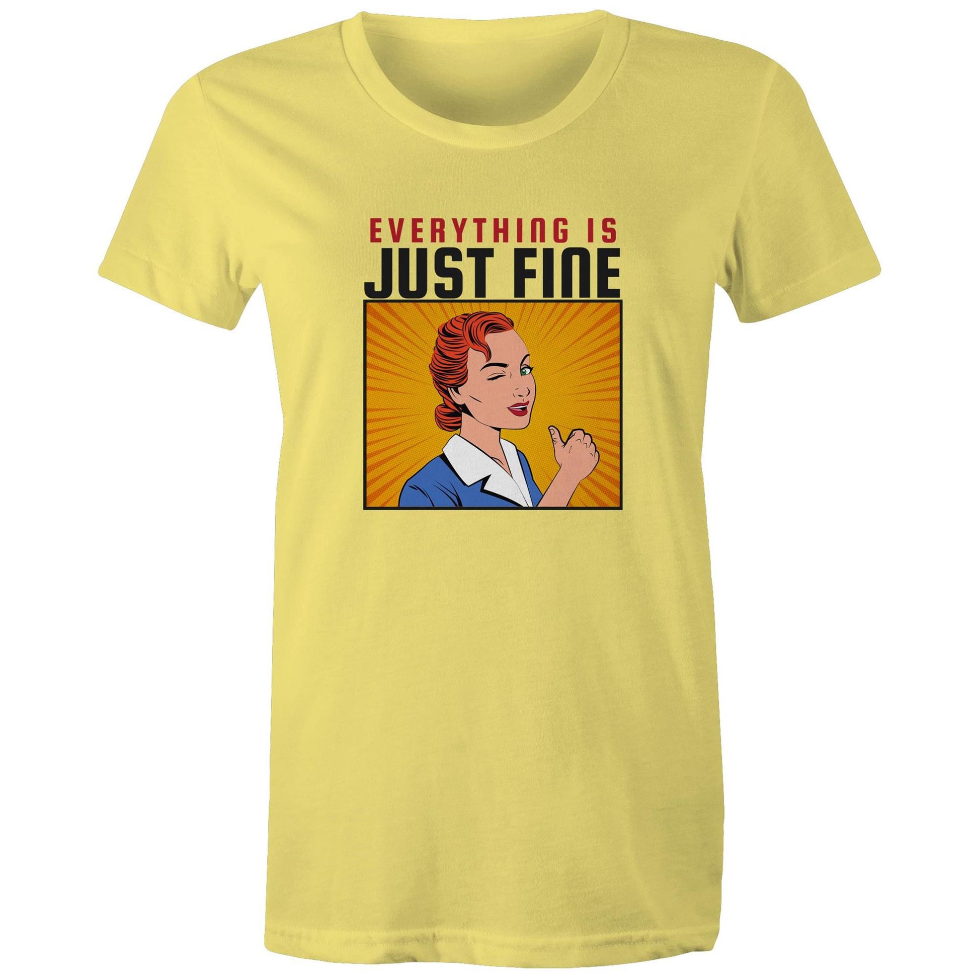 Everything Is Just Fine - Womens T-shirt Yellow Womens T-shirt comic Retro