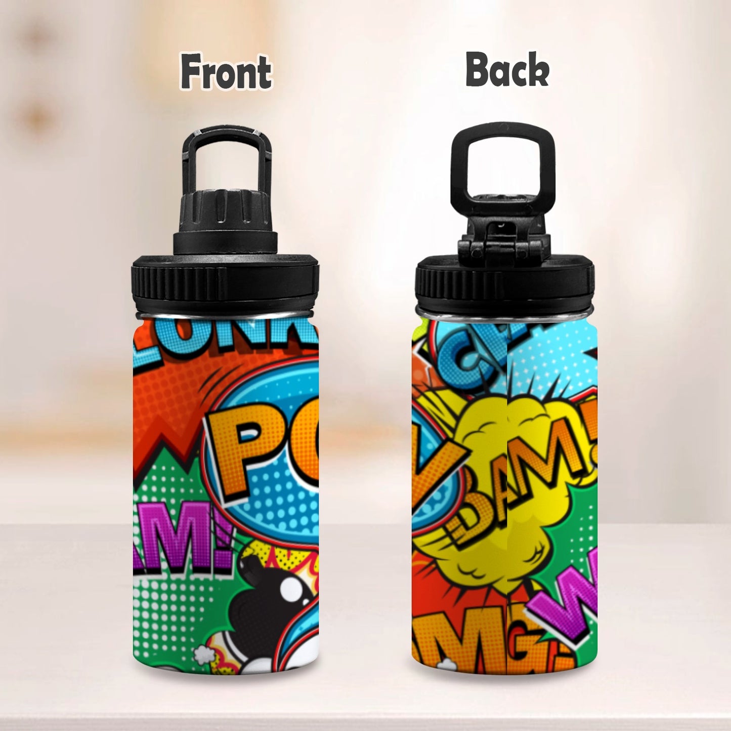 Comic Book 2 - Kids Water Bottle with Chug Lid (12 oz) Kids Water Bottle with Chug Lid
