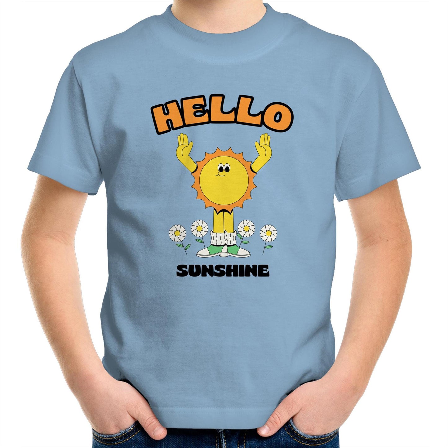 Hello Sunshine - Kids Youth Crew T-Shirt Carolina Blue Kids Youth T-shirt Retro Summer