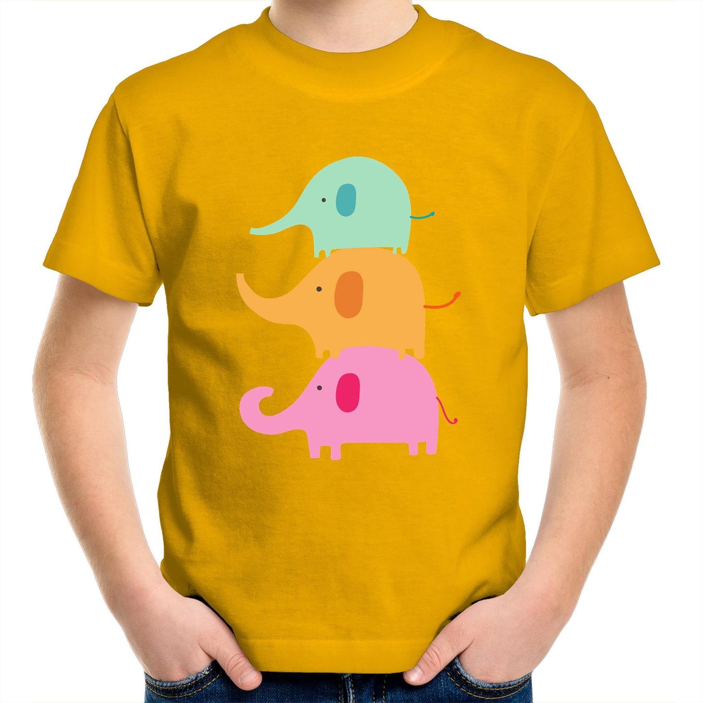 Three Cute Elephants - Kids Youth Crew T-Shirt Gold Kids Youth T-shirt animal