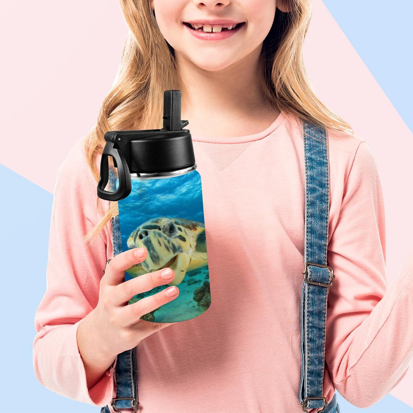 Underwater Sea Turtle - Kids Water Bottle with Straw Lid (12 oz) Kids Water Bottle with Straw Lid