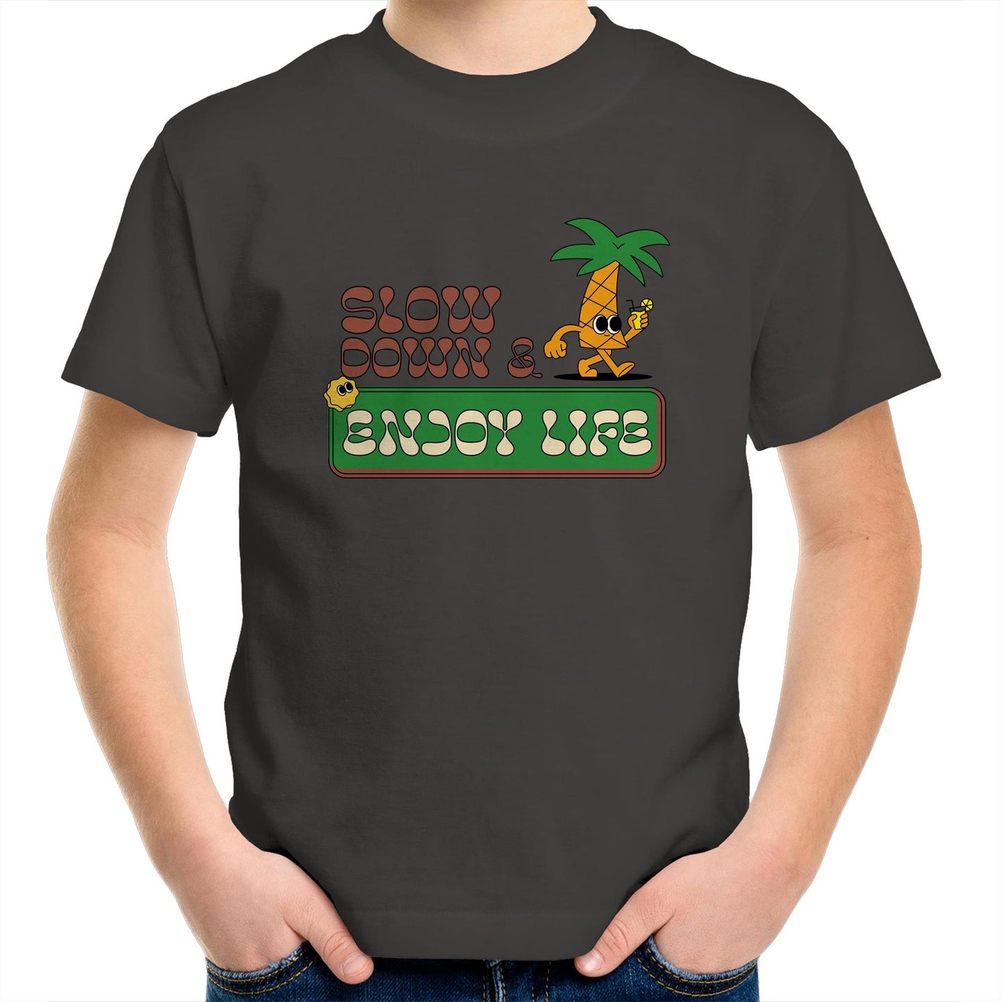 Slow Down & Enjoy Life - Kids Youth Crew T-Shirt Charcoal Kids Youth T-shirt Motivation Summer