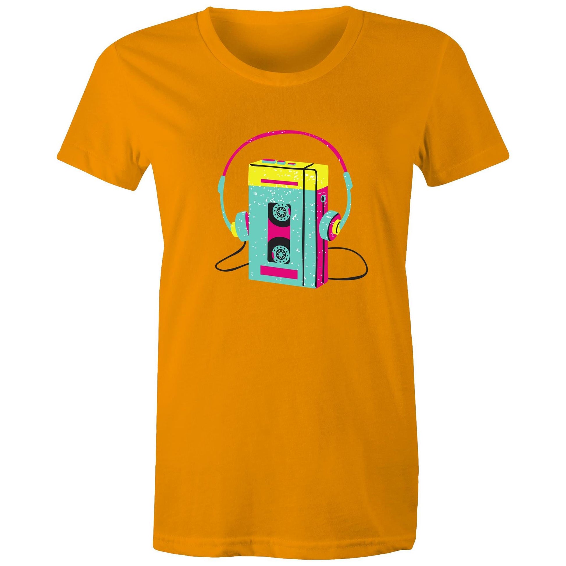 Wired For Sound, Music Player - Womens T-shirt Orange Womens T-shirt Music Retro Womens