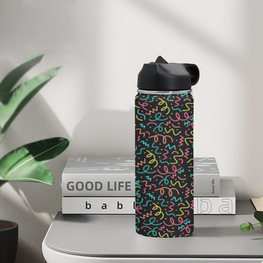 Squiggle Time - Insulated Water Bottle with Straw Lid (18 oz) Insulated Water Bottle with Straw Lid