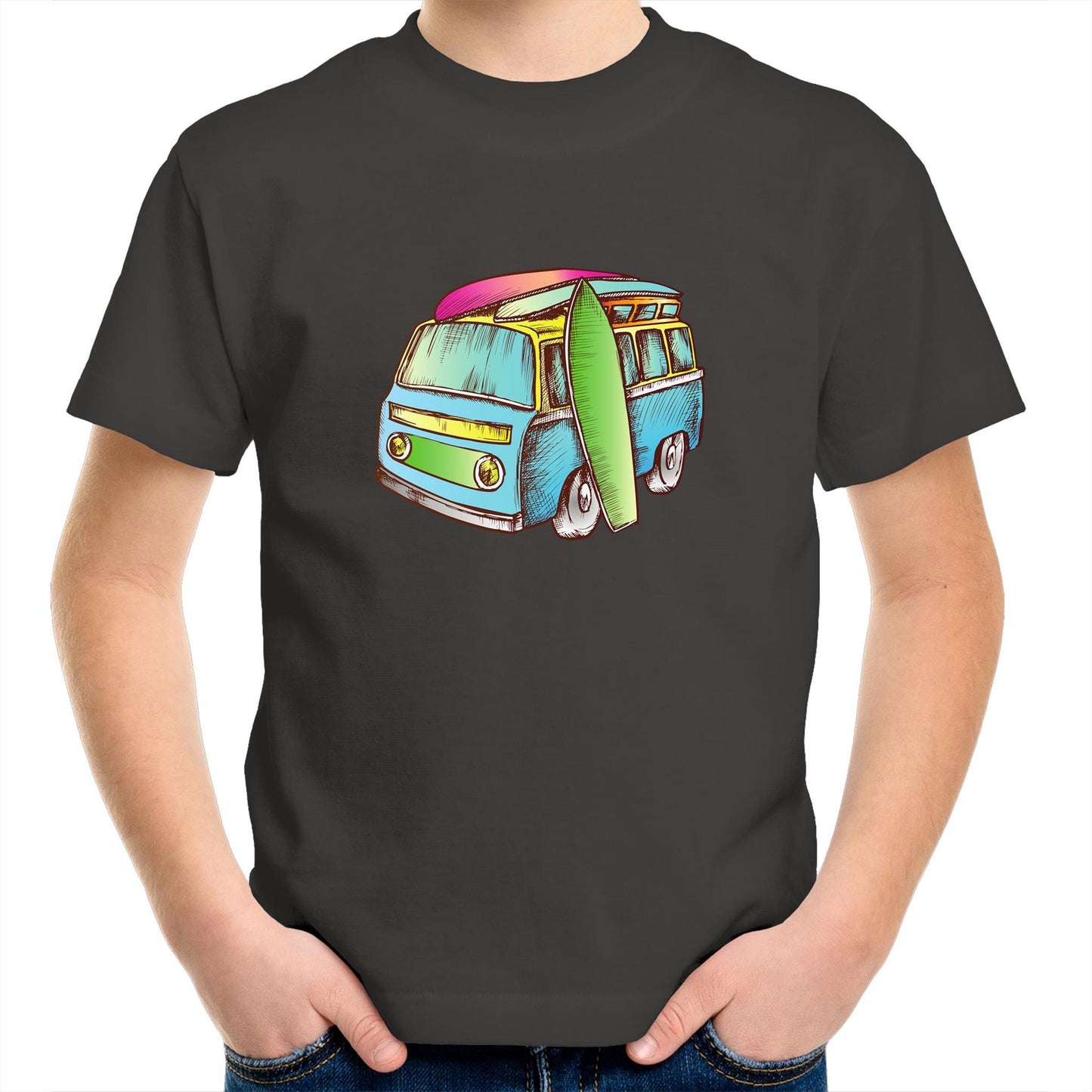 Surf Trip - Kids Youth Crew T-Shirt Charcoal Kids Youth T-shirt Retro Summer