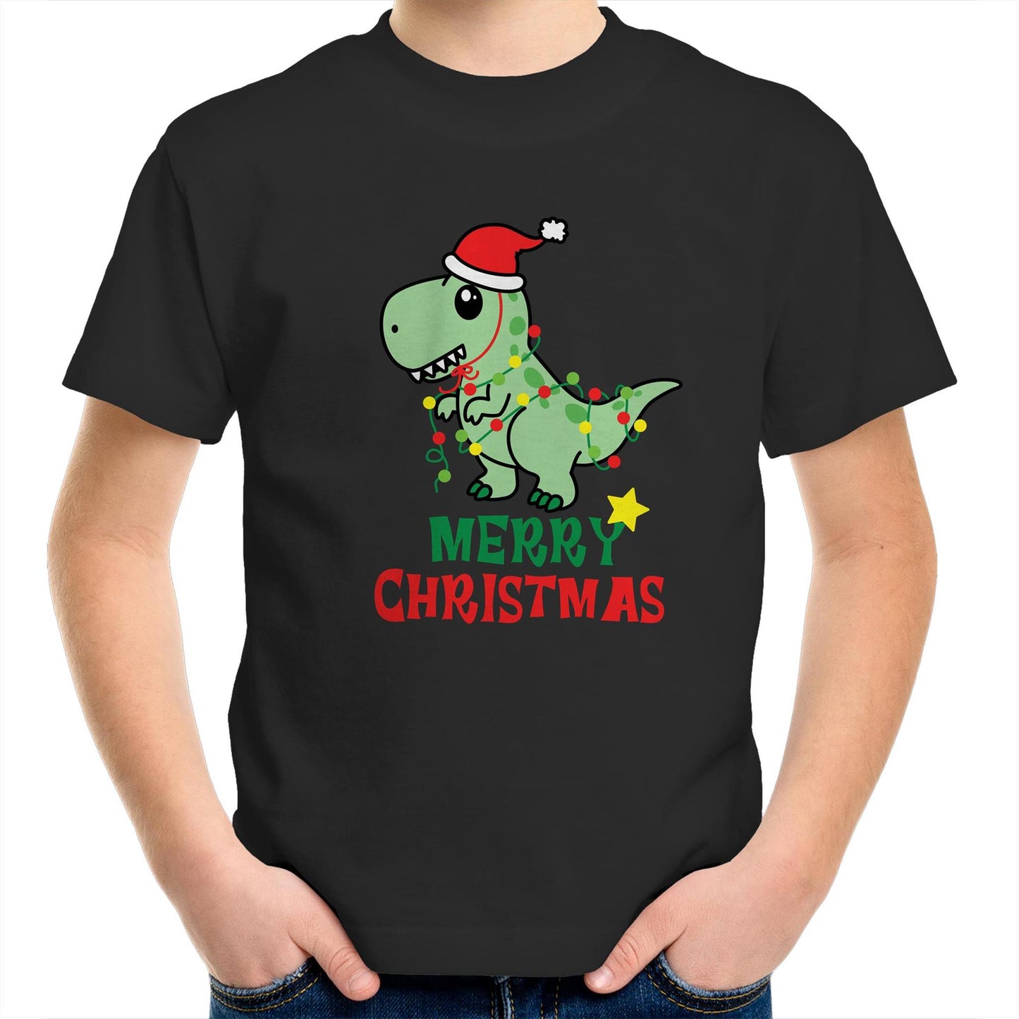 Christmas Dinosaur - Kids Youth Crew T-Shirt Black Christmas Kids T-shirt Merry Christmas