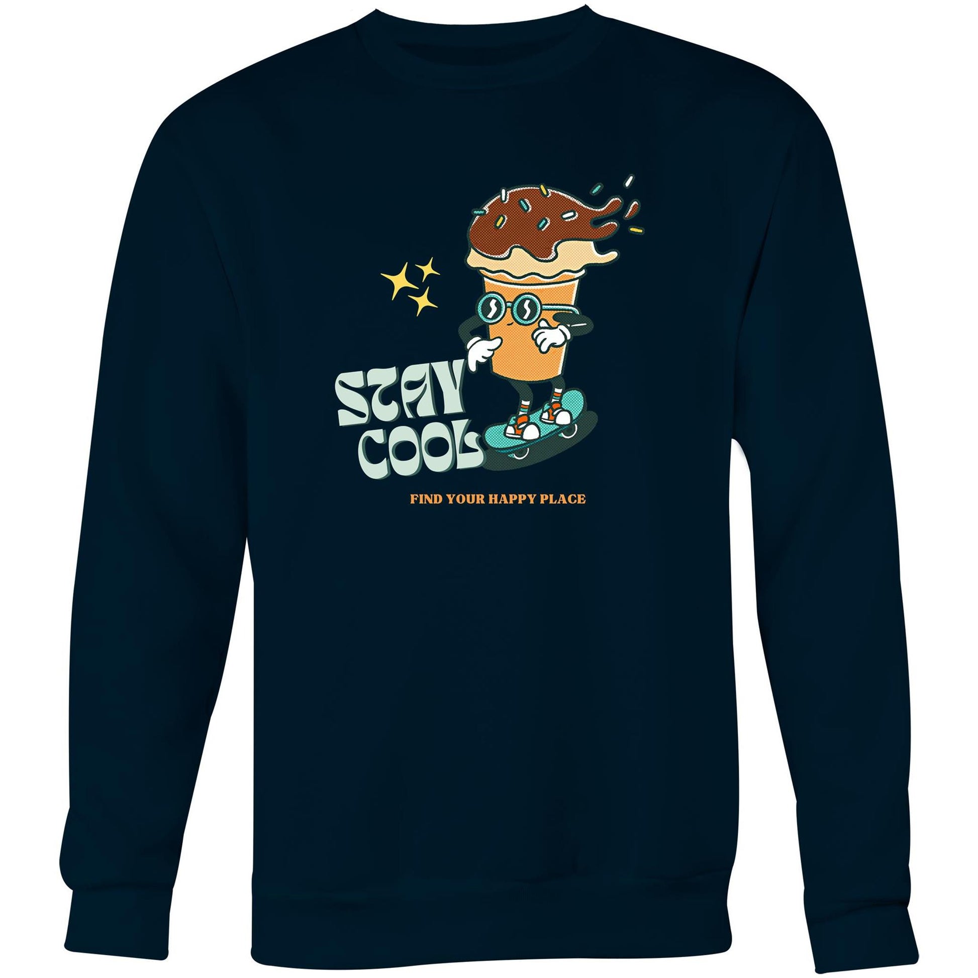 Stay Cool, Find Your Happy Place - Crew Sweatshirt Navy Sweatshirt Retro Summer