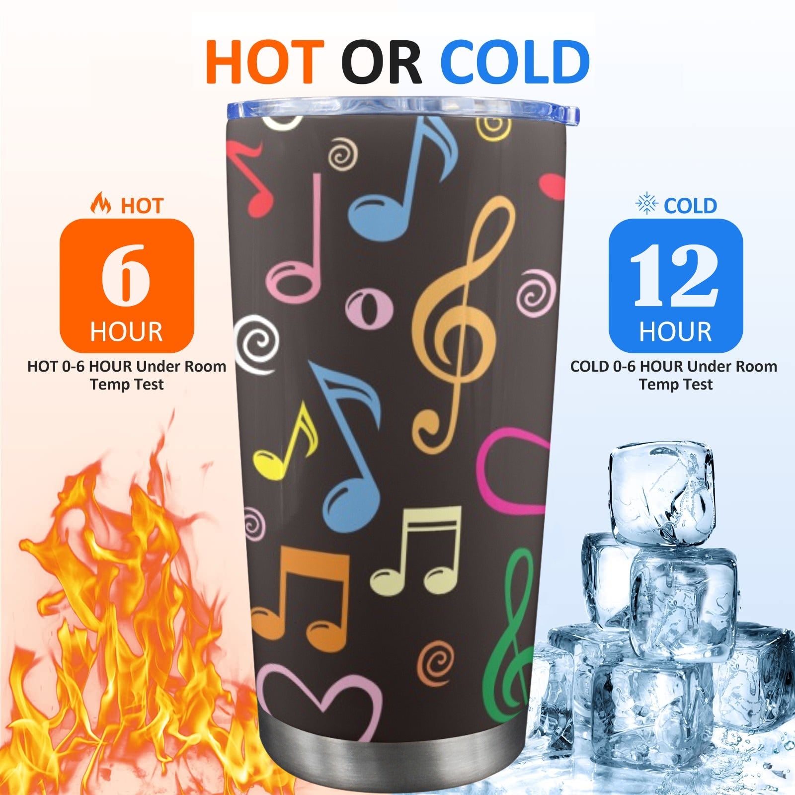 Colourful Music Notes - 20oz Travel Mug with Clear Lid Clear Lid Travel Mug