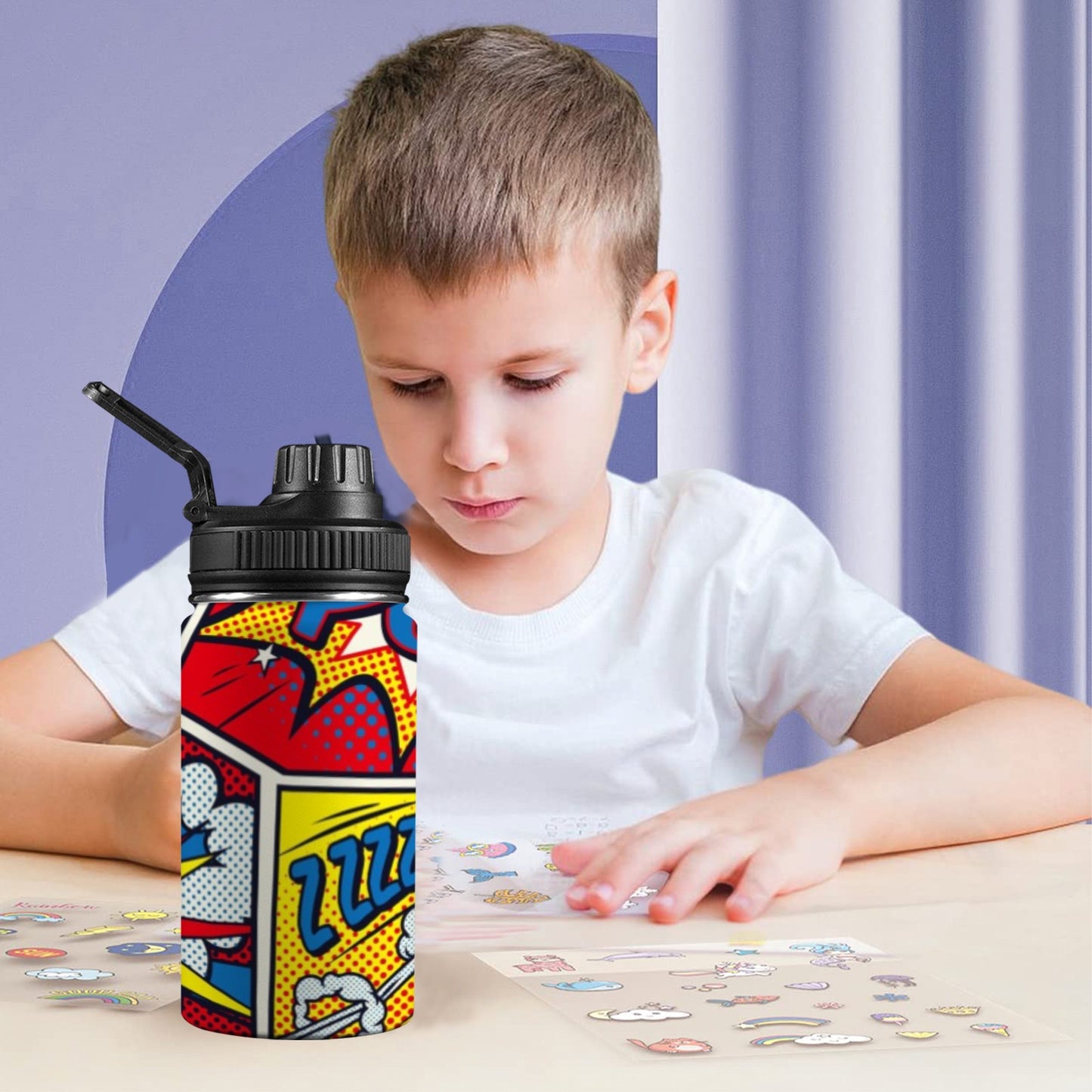 Comic Book - Kids Water Bottle with Chug Lid (12 oz) Kids Water Bottle with Chug Lid