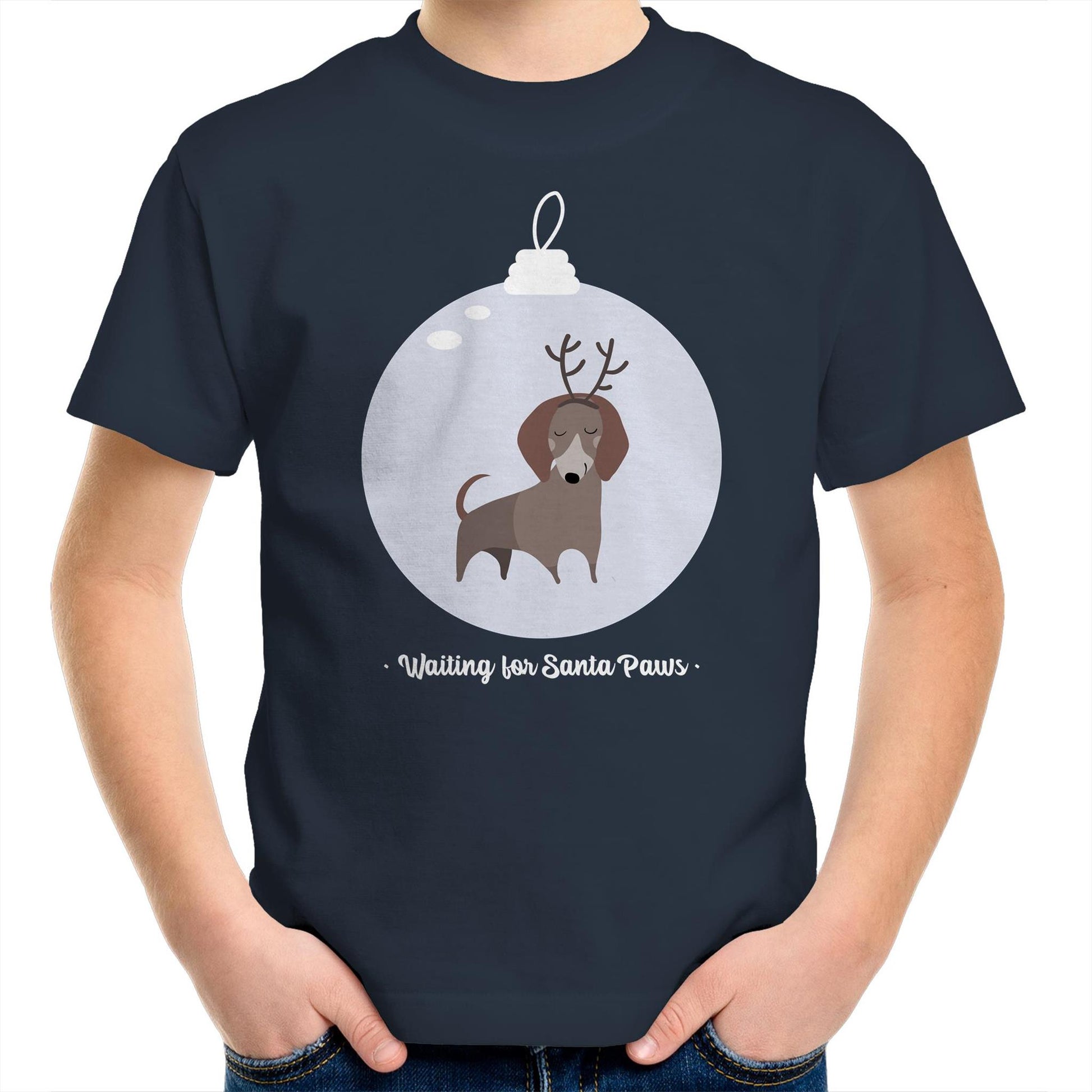 Santa Paws - Kids Youth Crew T-Shirt Navy Christmas Kids T-shirt Merry Christmas